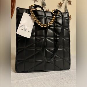 Zara Black Quilted Shoulder Bag with Gold Chain